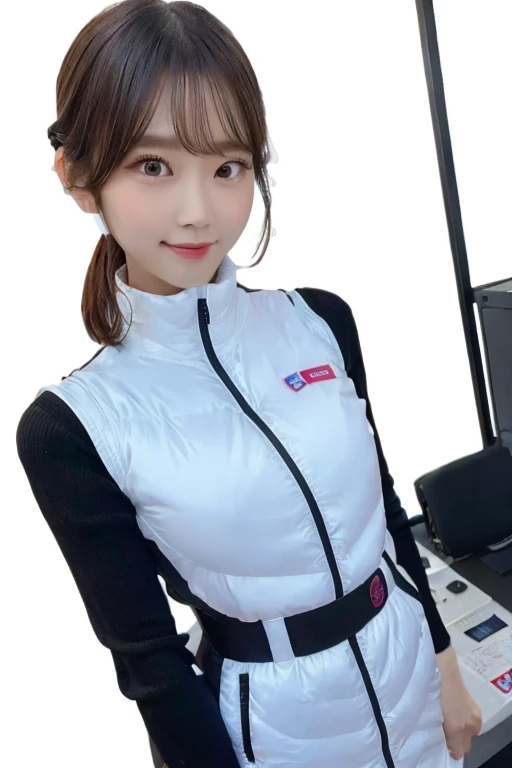 An innocent 20-year-old girl、((White tank top, Dramatic Pose)),smile,BREAK (Spacecraft control room background):2,、BREAK RAW Photos, (8k、highest quality、masterpiece:1.2)、(Intricate details:1.4)、(Photorealistic:1.4)、Octane Rendering、Complex 3D rendering with ultra-detail, Studio Soft Light, Rim Light, Vivid details, Super Detail, Realistic skin texture, Detailed aspect, Beautiful details in the eyes, Highly detailed CG Unity 16k wallpaper, compensate, (Detailed Background:1.2), Glowing Skin, whole body、(astrovest):2,(black long sleeves):5,headphone,smartwatch,((Standing with hands behind back、Leaning forward、Angle from above))