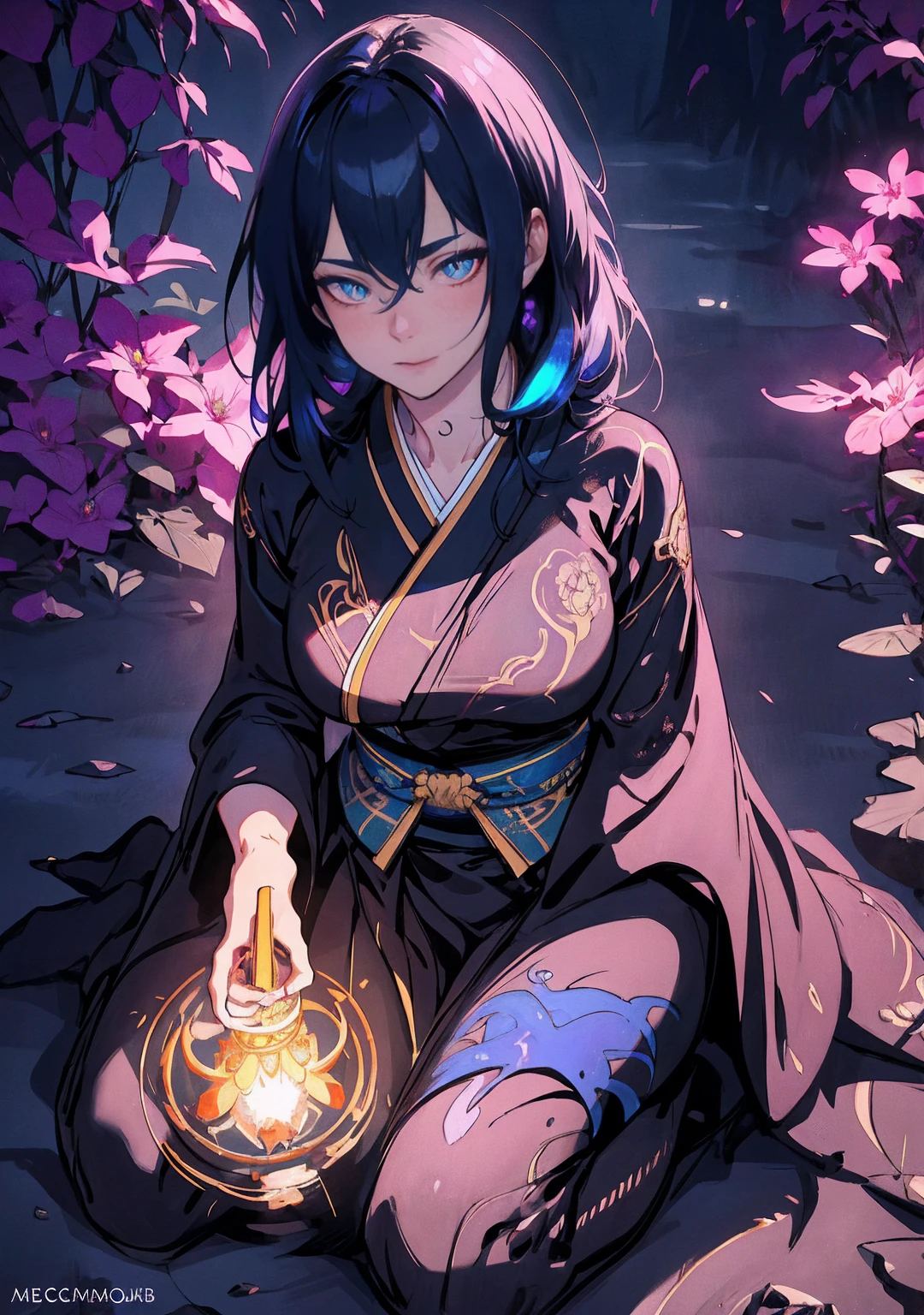 neon light, a beautiful girl wearing intricate detailed black kimono holding an iridescence glowing katana, made of liquid metal, in a fantasy art style, with long dark blue hair, sitting on the ground covered in bioluminescence floral, with a highly detailed face and beautiful eyes in the style of WLOP and Krenz Cushart, Artgerm, j.c leyendecker, Greg Rutkowski, Alphonse Mucha, with a hyper realistic, cinematic lighting