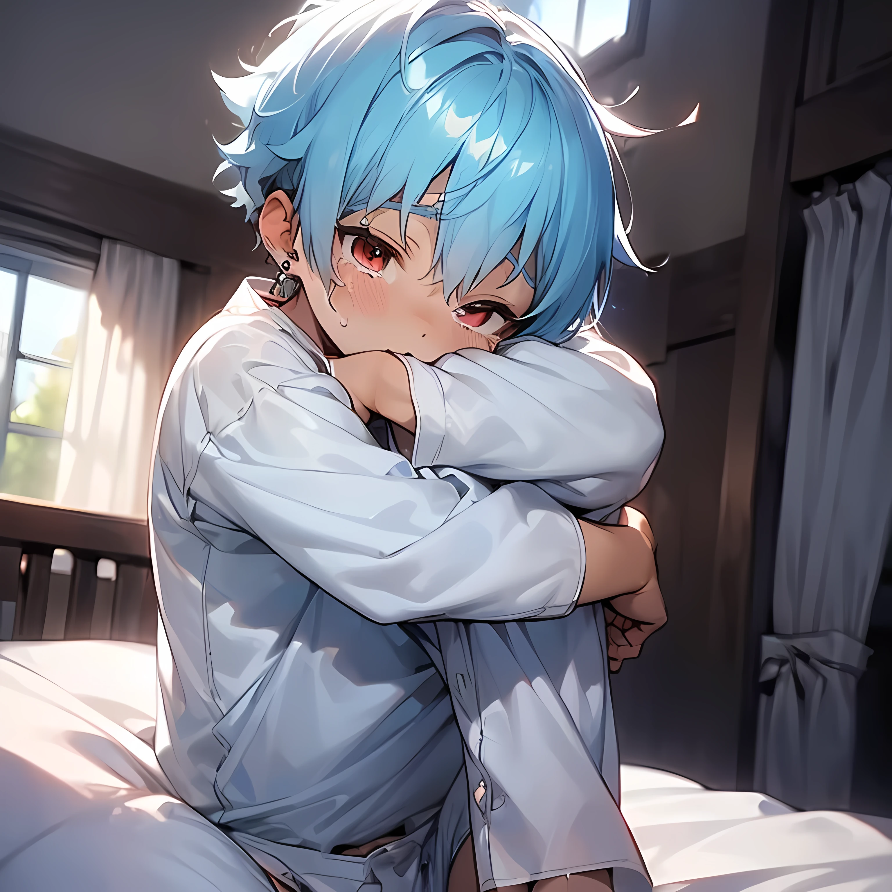 (boldline:-1.6), (sitting on bed:1.5), (hugging his legs:1.8), (best quality:1.5), (absolutely resolution:1.5), (ultra detailed:1.5), (masterpiece:1.5), (perfect face:1.5), (detailed face:1.5), (detailed eyes:1.5), (cute face), (shota:1.65), BREAK (white pajamas:1.8), (cute animal pattern:1.5), (bulge:1.5), (skinny:1.3), (spiked hair), BREAK (light blue hair:1.5), (wine red eyes:1.4), (half closed eyes:1.3), (eyes with high light), ((mole under eye)), (sweaty skin), BREAK (anguish:1.5), (crying), ((earrings)), (shiny skin:1.3), BREAK (bed room:1.8), (brown bed:1.5), (large window:1.5), (at twilight:1.5), (((wind blowing))), from below, wide angle,