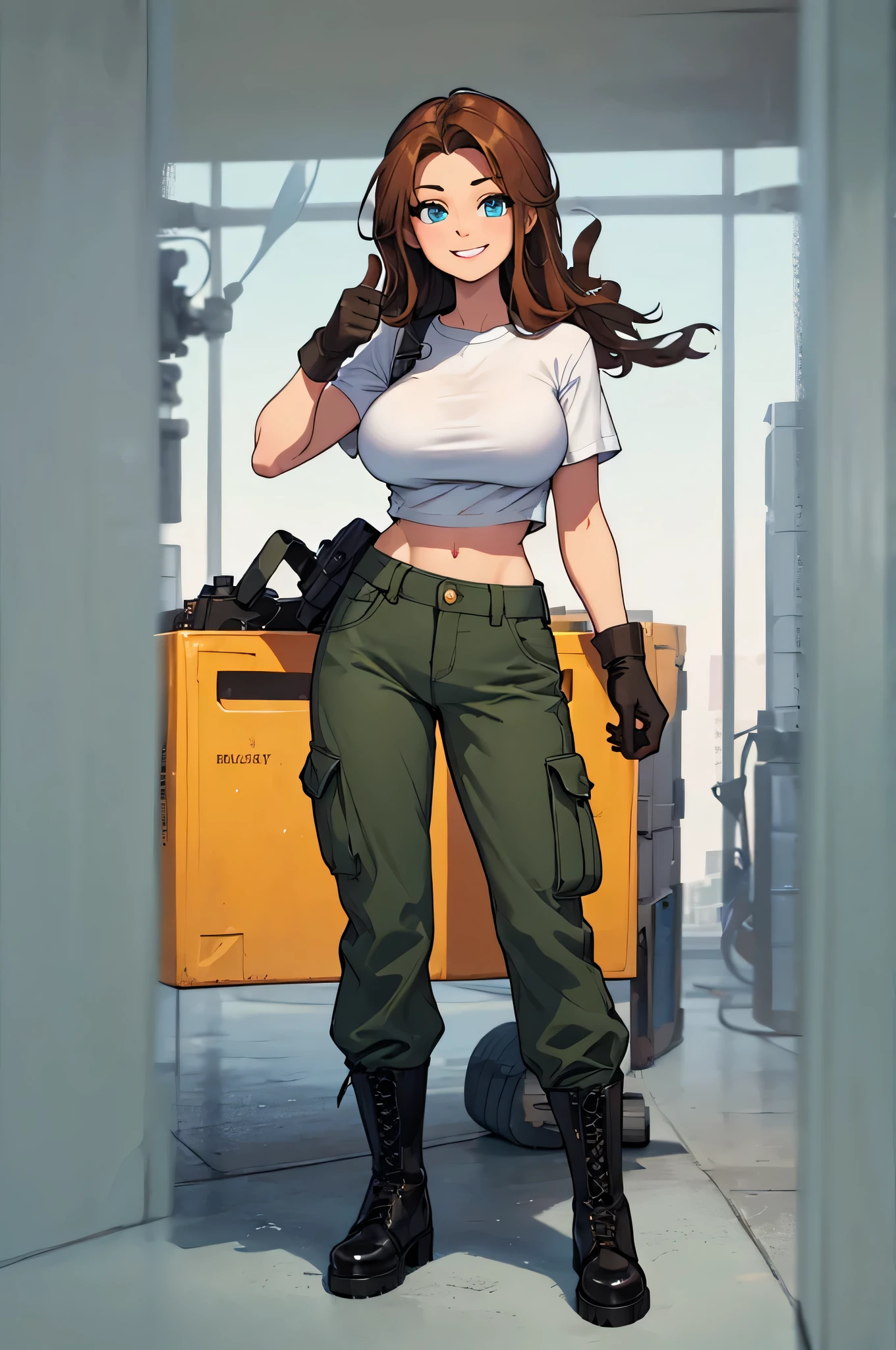 green solid background, 1 woman, best quality, ultra high res, long hair, brown hair, blue eyes, military cargo pants, cropped white t-shirt, short sleeves, smiling at viewers, wearing brown gloves, thumb up, wearing black combat boots, double D breast, standing, full body