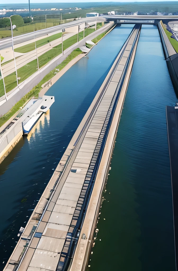 photo réaliste d'un barrage hydrailique en béton,  avec dessin en forme de canard bien visible dans l'eau