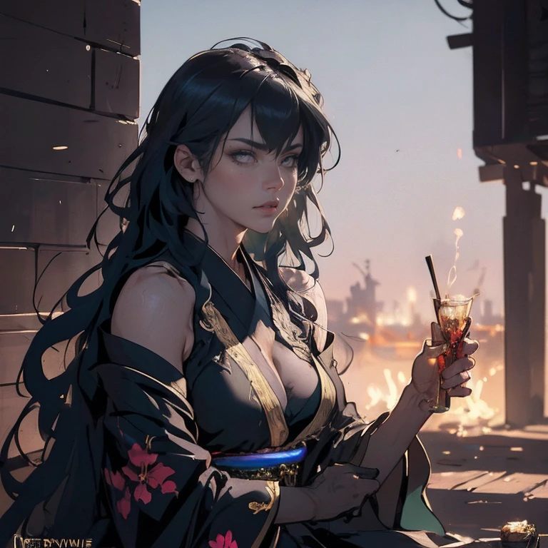 neon light, a beautiful girl wearing intricate detailed black kimono holding an iridescence glowing katana, made of liquid metal, in a fantasy art style, with long dark blue hair, sitting on the ground covered in bioluminescence floral, with a highly detailed face and beautiful eyes in the style of WLOP and Krenz Cushart, Artgerm, j.c leyendecker, Greg Rutkowski, Alphonse Mucha, with a hyper realistic, cinematic lighting