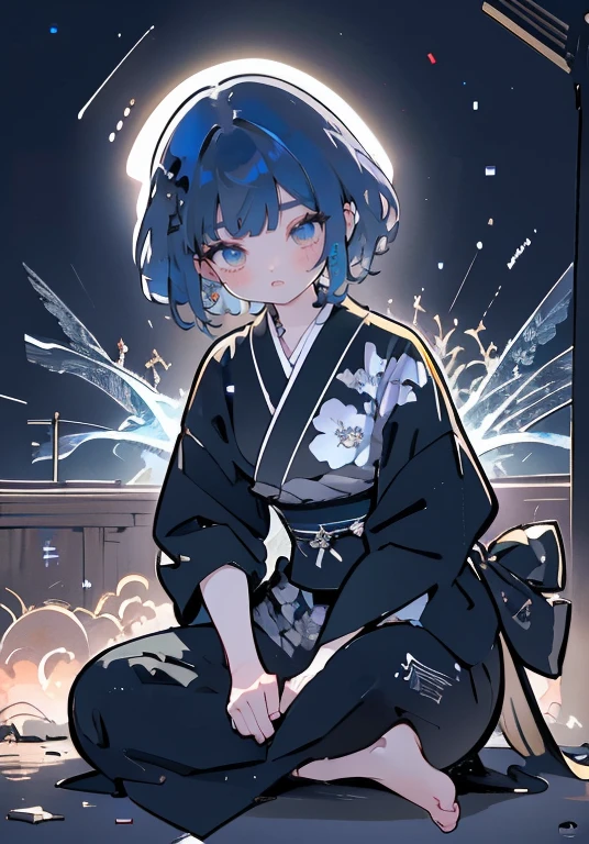 neon light, a beautiful girl wearing intricate detailed black kimono holding an iridescence glowing katana, made of liquid metal, in a fantasy art style, with long dark blue hair, sitting on the ground covered in bioluminescence floral, with a highly detailed face and beautiful eyes in the style of WLOP and Krenz Cushart, Artgerm, j.c leyendecker, Greg Rutkowski, Alphonse Mucha, with a hyper realistic, cinematic lighting