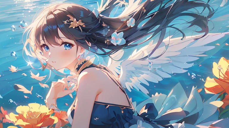 anime girl with long hair and wings in a blue dress, anime style 4 k, wallpaper anime blue water, beautiful anime artwork, anime art wallpaper 4 k, anime art wallpaper 4k, anime art wallpaper 8 k, anime wallpaper 4 k, anime wallpaper 4k, beautiful anime, beautiful anime girl, anime girl walking on water, 4 k manga wallpaper
