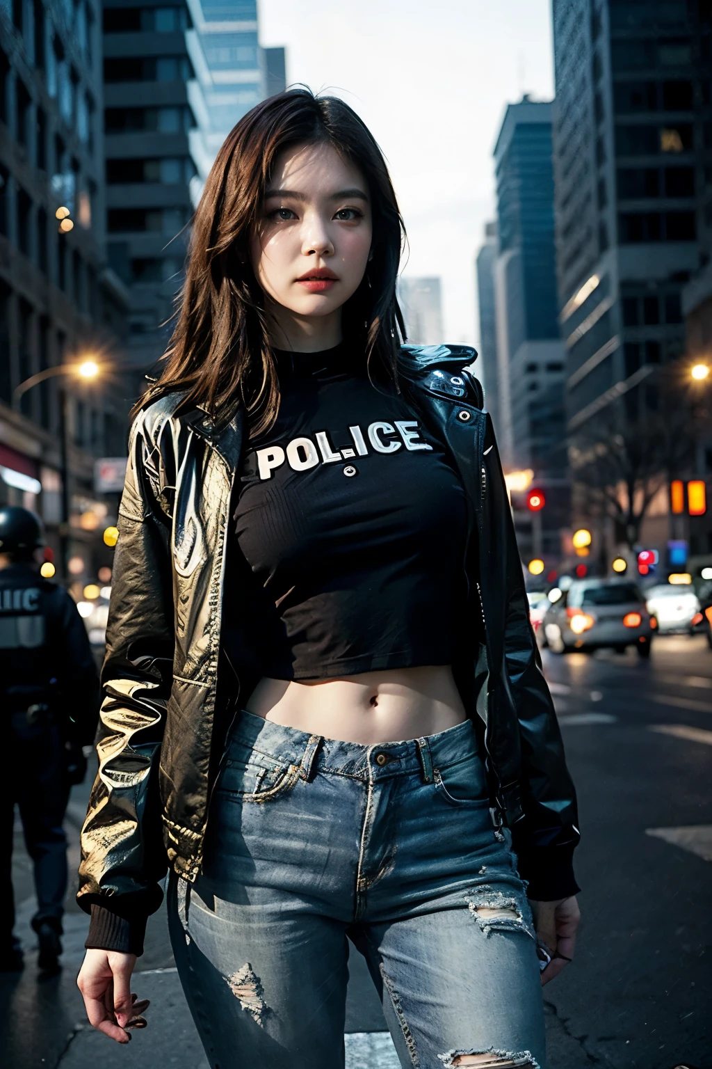 Portrait of emb-haiz, hermoso rostro, en la ciudad cyberpunk de noche. Lleva una chaqueta de cuero abierta.,lingerie,  jeans negros, dramatic lighting, (police badge:1.2).
