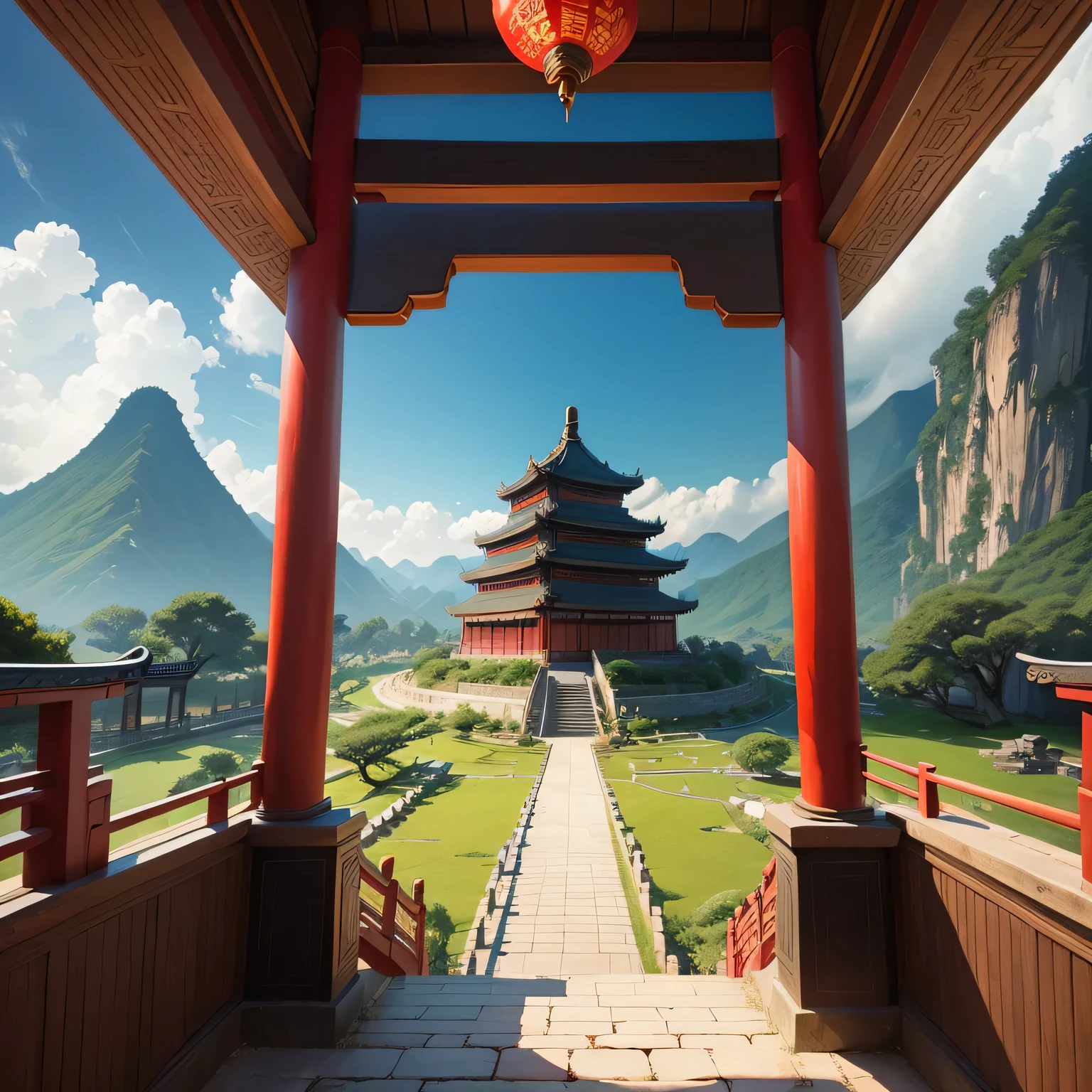 A beautiful ancient Chinese landscape painting,The essence of the temple in Chinese mythology