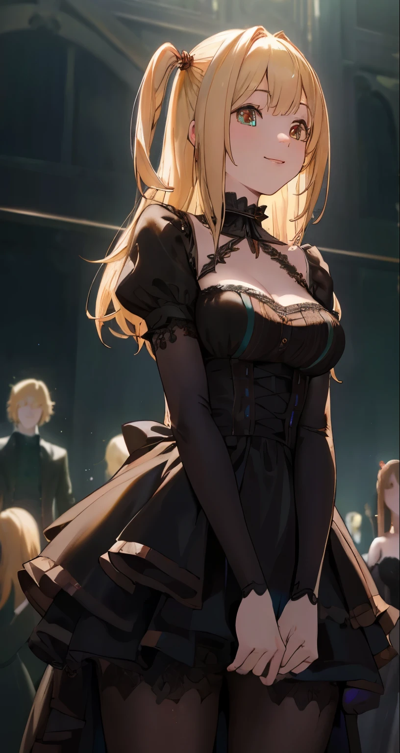 { masterpiece : best quality : high resolution : unity 8k wallpaper : illustration : beautiful detailed eyes : extremely detailed face : perfect lighting : extremely detailed CG : perfect hands : perfect anatomy } { surrounded by fans } { Misa Amane : perfectly shape breast : : perfectly fit body : wearing gothic idol dress : smilling  } { standing }