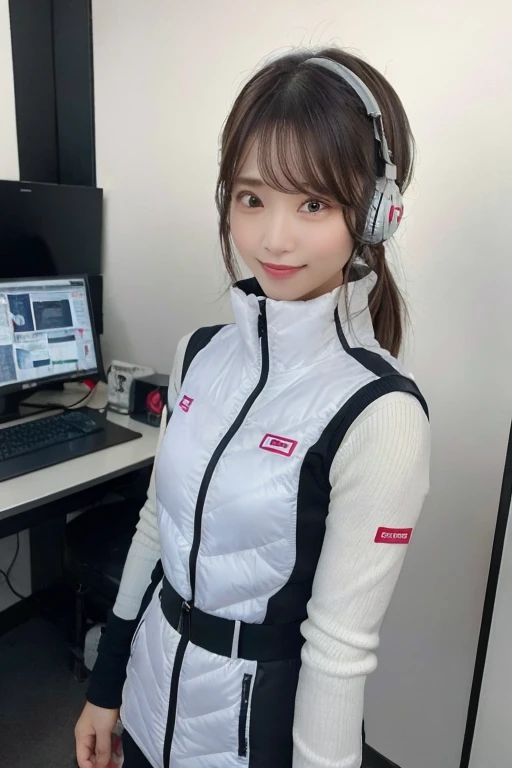 An innocent 20-year-old girl、((White tank top, Dramatic Pose)),smile,BREAK (Spacecraft control room background):2,、BREAK RAW Photos, (8k、highest quality、masterpiece:1.2)、(Intricate details:1.4)、(Photorealistic:1.4)、Octane Rendering、Complex 3D rendering with ultra-detail, Studio Soft Light, Rim Light, Vivid details, Super Detail, Realistic skin texture, Detailed aspect, Beautiful details in the eyes, Highly detailed CG Unity 16k wallpaper, compensate, (Detailed Background:1.2), Glowing Skin, whole body、(astrovest):2,(black long sleeves):5,headphone,smartwatch,((Standing with hands behind back、Leaning forward、Angle from above))