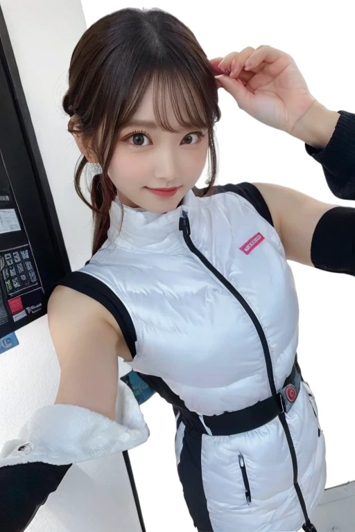 An innocent 20-year-old girl、((White tank top, Dramatic Pose)),smile,BREAK (Spacecraft control room background):2,、BREAK RAW Photos, (8k、highest quality、masterpiece:1.2)、(Intricate details:1.4)、(Photorealistic:1.4)、Octane Rendering、Complex 3D rendering with ultra-detail, Studio Soft Light, Rim Light, Vivid details, Super Detail, Realistic skin texture, Detailed aspect, Beautiful details in the eyes, Highly detailed CG Unity 16k wallpaper, compensate, (Detailed Background:1.2), Glowing Skin, whole body、(astrovest):2,(black long sleeves):5,headphone,smartwatch,((Standing with hands behind back、Leaning forward、Angle from above))