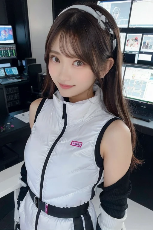 An innocent 20-year-old girl、((White tank top, Dramatic Pose)),smile,BREAK (Spacecraft control room background):2,、BREAK RAW Photos, (8k、highest quality、masterpiece:1.2)、(Intricate details:1.4)、(Photorealistic:1.4)、Octane Rendering、Complex 3D rendering with ultra-detail, Studio Soft Light, Rim Light, Vivid details, Super Detail, Realistic skin texture, Detailed aspect, Beautiful details in the eyes, Highly detailed CG Unity 16k wallpaper, compensate, (Detailed Background:1.2), Glowing Skin, whole body、(astrovest):2,(black long sleeves):5,headphone,smartwatch,((Standing with hands behind back、Leaning forward、Angle from above))