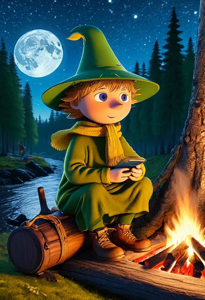 1male\((snufkin\(moomin\):1.5),age of 40,boots,(half-closed eyes),yellow scarf,(slight smile:0.8),hat,wing at hat,classic pipe,camping at forest,fishing,sitting,looking down,looking away,campfire\), BREAK ,background\(night,dark,at forest,river,campfire,many hattifattener\(moomin\)),cosmic,space,small spaceship\), BREAK ,quality\(8k,wallpaper of extremely detailed CG unit, ​masterpiece,hight resolution,top-quality,top-quality real texture skin,hyper realisitic,increase the resolution,RAW photos,best qualtiy,highly detailed,the wallpaper,cinematic lighting,ray trace,golden ratio\),(landscape:1.5),(long shot:1.5),anime style,(Tove Jansson style:1.5)