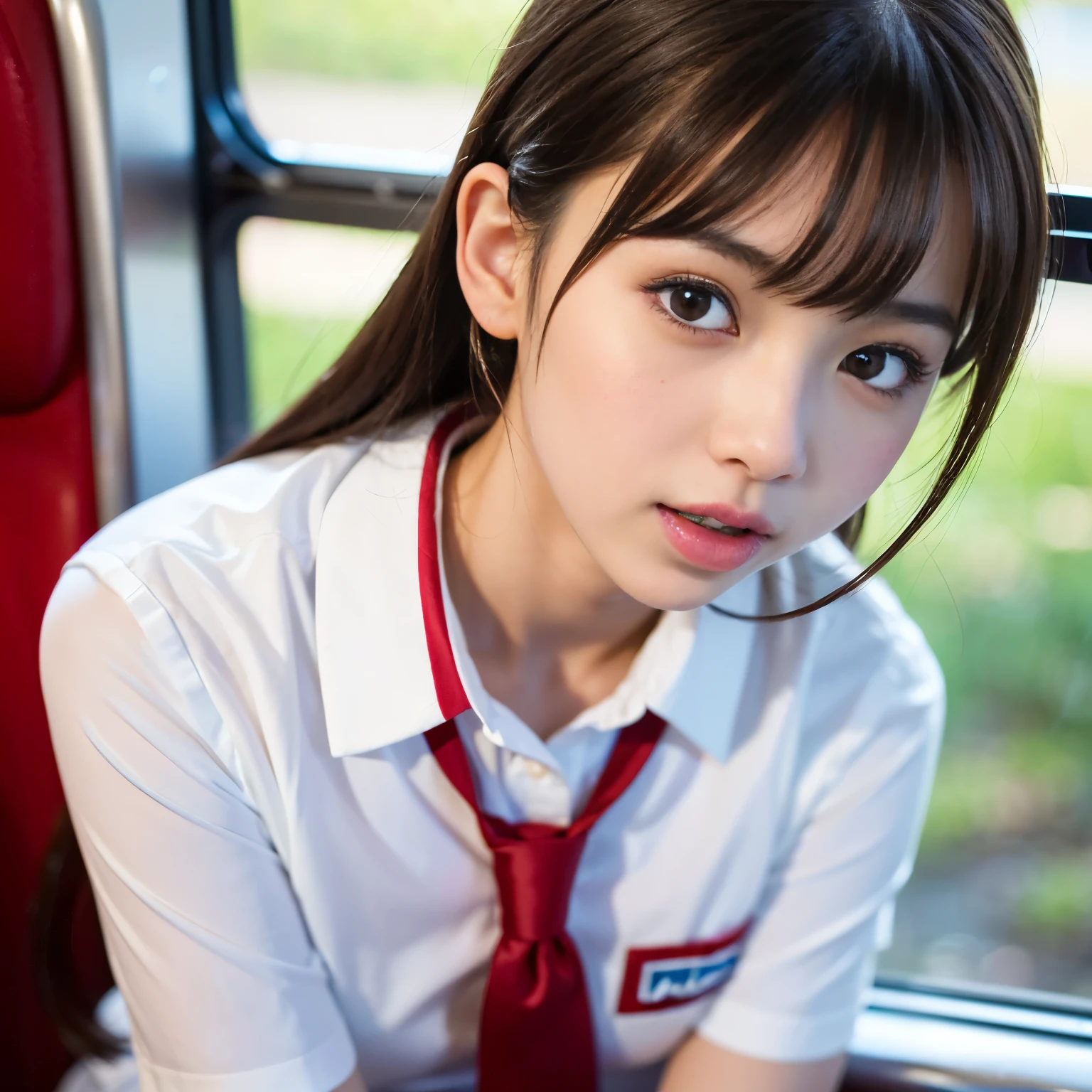 (Best-quality, Masterpiece, Ultra-High-Resolution, (Photorealistic:1.4), Raw Photo, depth of field, professional lighting, perfect anatomy, extremely details), 1girl, 15-years-old, the most famous Japanese idol, on train, ((wearing Japanese high-school uniform)), looking at viewer, ((feeling very strong sexual arousal and very strong sexual pleasure):1.4), (extremely cute orgasm-face, ((extremely cute and extremely big orgasm-eyes)), extremely beautiful orgasm-skins), extremely cute hair, extremely cute long-eyelashes, extremely cute lips