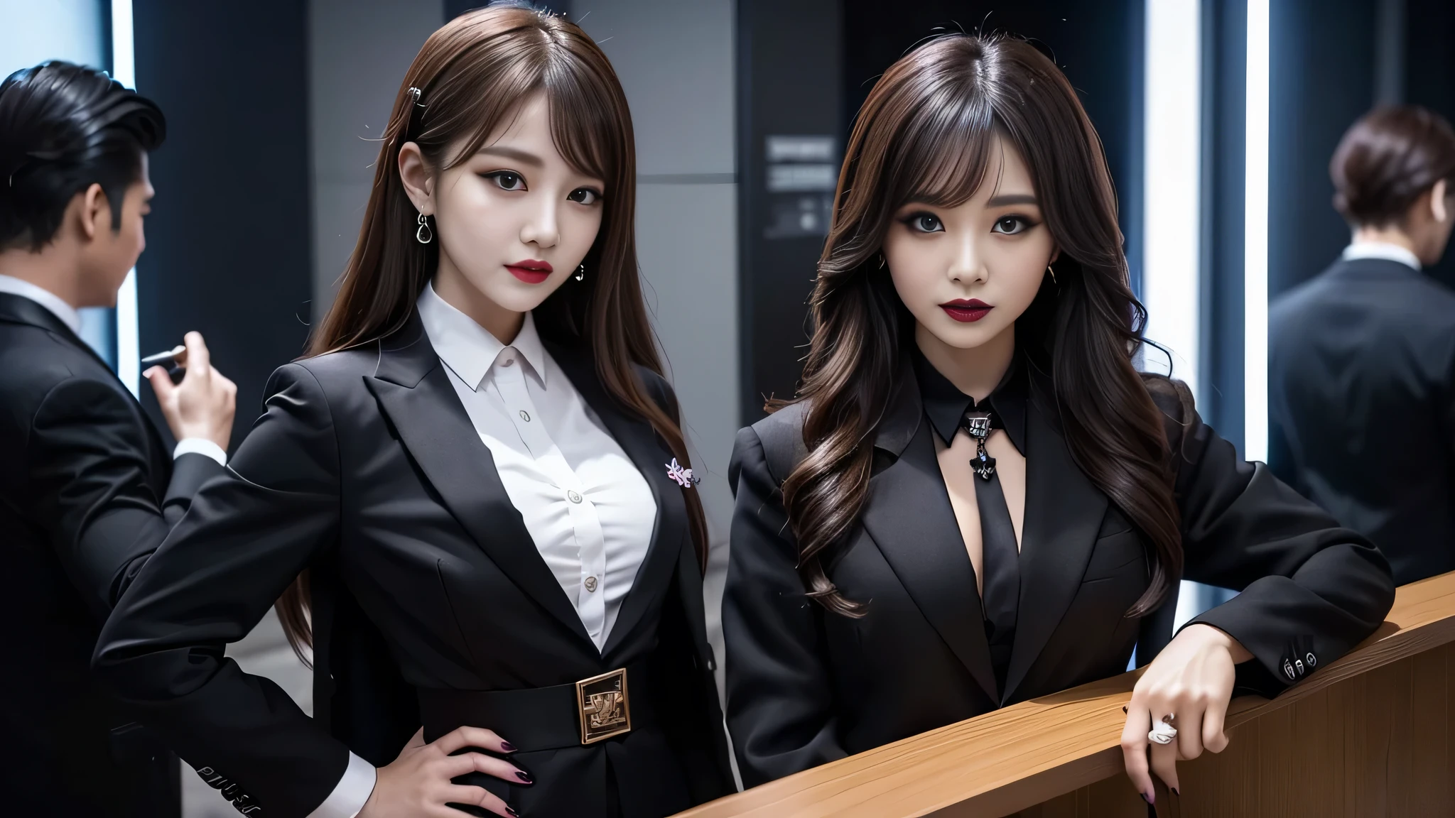 best quality、ultra-detailed、4k、Japanese、Seductive beauty、seductive adult woman、Pretty Woman、cool girl、Villainess、Brainwashed、brainwash、Fallen into evil、smirk、Evil look、Wicked Smile、evil、Brown hair、wavy hair、swept bangs、dark makeup、dark makeup、piercing eyes、hollow eyes,half-closed eyes、Hollow Eyes、purple Eyeshadow、black lipstick、black lipglos、office staff suit、suit、Jacket、Black sleeves、shirt、Black Ribbon、Tight Skirt、night、inside darkroom、Are standing、shoot from below、Makeup brushes、Have lipstick、Emblem of Evil、Crest of Darkness、Swear allegiance、I have pledged my allegiance、Dye black、Blackening、Stained with evil、Dyed in darkness、Seduce