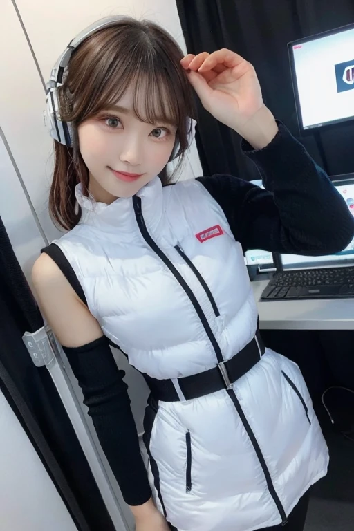 An innocent 20-year-old girl、((White tank top, Dramatic Pose)),smile,BREAK (Spacecraft control room background):2,、BREAK RAW Photos, (8k、highest quality、masterpiece:1.2)、(Intricate details:1.4)、(Photorealistic:1.4)、Octane Rendering、Complex 3D rendering with ultra-detail, Studio Soft Light, Rim Light, Vivid details, Super Detail, Realistic skin texture, Detailed aspect, Beautiful details in the eyes, Highly detailed CG Unity 16k wallpaper, compensate, (Detailed Background:1.2), Glowing Skin, whole body、(astrovest):2,(black long sleeves):5,headphone,smartwatch,((Standing with hands behind back、Leaning forward、Angle from above))
