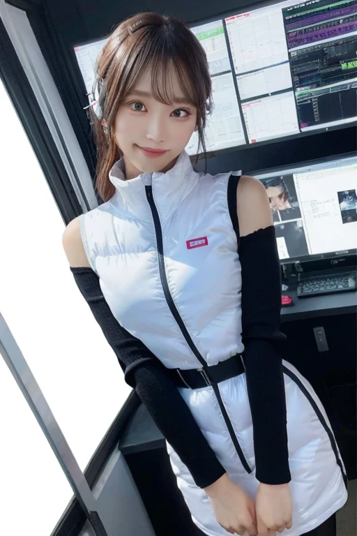 An innocent 20-year-old girl、((White tank top, Dramatic Pose)),smile,BREAK (Spacecraft control room background):2,、BREAK RAW Photos, (8k、highest quality、masterpiece:1.2)、(Intricate details:1.4)、(Photorealistic:1.4)、Octane Rendering、Complex 3D rendering with ultra-detail, Studio Soft Light, Rim Light, Vivid details, Super Detail, Realistic skin texture, Detailed aspect, Beautiful details in the eyes, Highly detailed CG Unity 16k wallpaper, compensate, (Detailed Background:1.2), Glowing Skin, whole body、(astrovest):2,(black long sleeves):5,headphone,smartwatch,((Standing with hands behind back、Leaning forward、Angle from above))