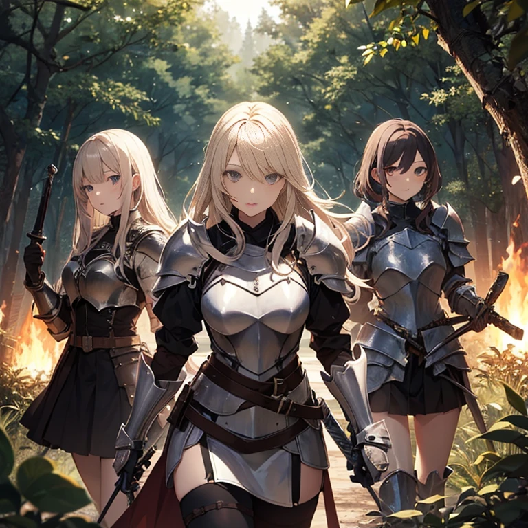 A group of  female knight, (in forest), various hair styles, harem, wearing armored clothes, metal armor, night, details face, , short skirt, seducing, sword 