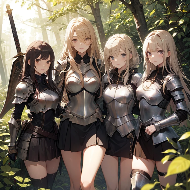 A group of female knight, (in forest), various hair styles, harem, wearing armored clothes, metal armor, night, details face, , short skirt, seducing, sword