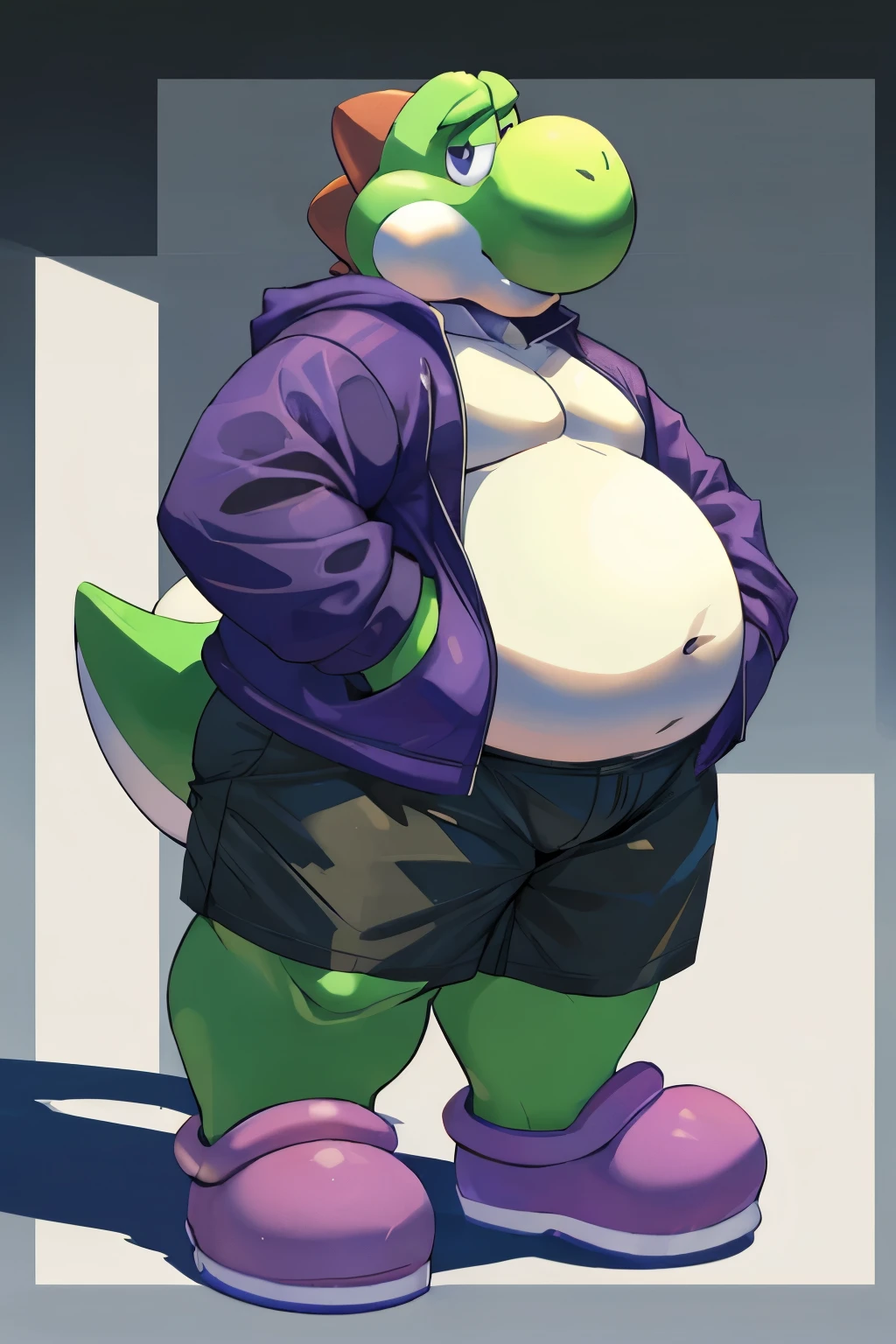 green yoshi from //mario series// menace pose, obese, very fat,big belly and body, male, anthro,fat,solo, wearing purple crocs, fullbody shot, background,wearing a open in half purple jacket with, dark green shorts, tail, looking at viewer, casual, simple shadows, simple clear lines