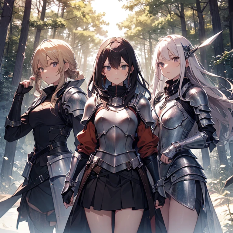 A group of female knight, (in forest), various hair styles, harem, wearing armored clothes, metal armor, night, details face, , short skirt, seducing, sword
