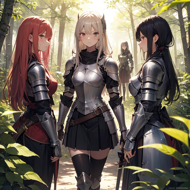 A group of female knight, (in forest), various hair styles, harem, wearing armored clothes, metal armor, night, details face, , short skirt, seducing, sword