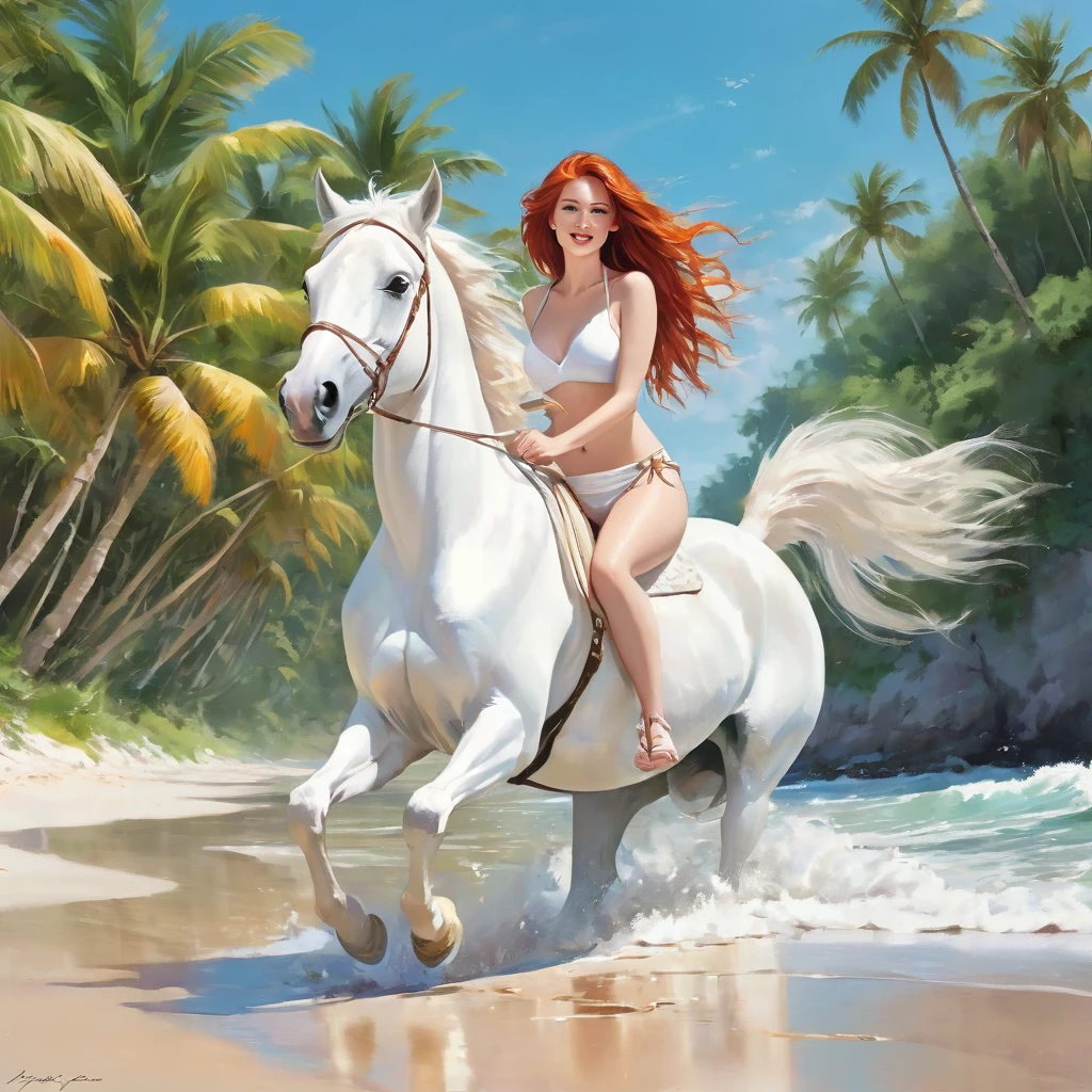 vibrant scene of a red-haired girl riding a majestic white horse along a deserted island beach, with a clear focus on the girl's face and the first half of her body. The girl's hair flows in the wind, contrasting beautifully with the horse's pure white coat. Her expression is serene and joyful. Her breasts are big in bikini. The beach is serene, with soft golden sands stretching to meet the gentle waves of a turquoise sea. Palm trees and lush greenery frame the background, under a clear blue sky with a few scattered, fluffy clouds. The atmosphere is tranquil and picturesque, capturing the essence of a tropical paradise.