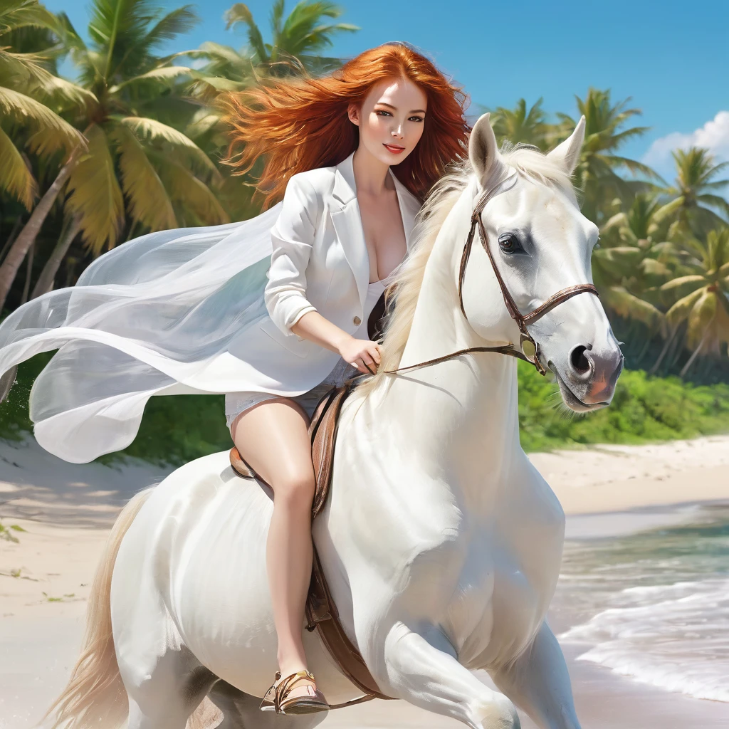 vibrant scene of a red-haired girl riding a majestic white horse along a deserted island beach, with a clear focus on the girl's face and the first half of her body. The girl's hair flows in the wind, contrasting beautifully with the horse's pure white coat. Her expression is serene and joyful. Her breasts are big in bikini. The beach is serene, with soft golden sands stretching to meet the gentle waves of a turquoise sea. Palm trees and lush greenery frame the background, under a clear blue sky with a few scattered, fluffy clouds. The atmosphere is tranquil and picturesque, capturing the essence of a tropical paradise.