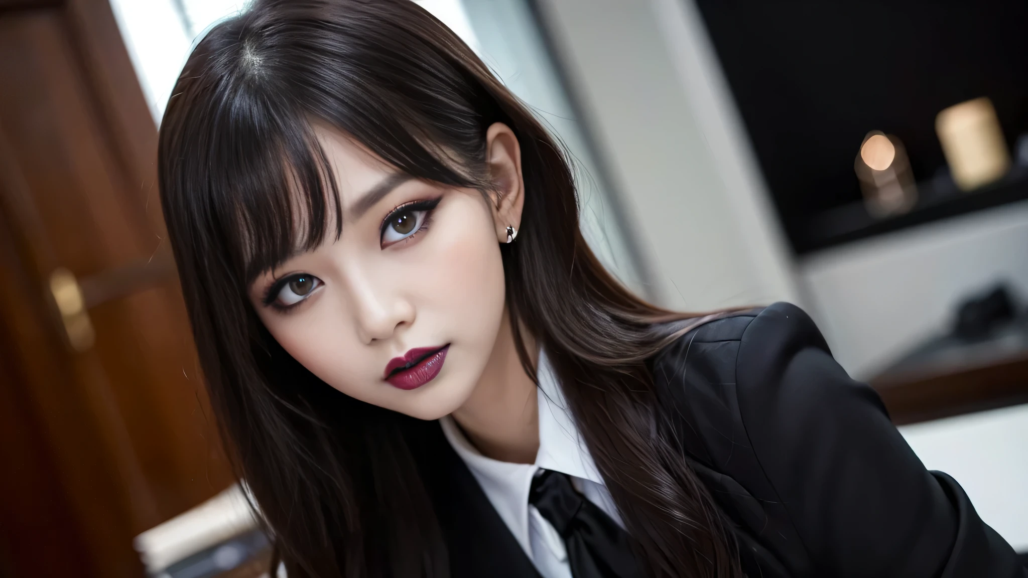 best quality、ultra-detailed、4k、Japanese、Seductive beauty、seductive adult woman、Pretty Woman、cool girl、Villainess、Brainwashed、brainwash、Fallen into evil、smirk、Evil look、Wicked Smile、evil、Brown hair、wavy hair、swept bangs、dark makeup、dark makeup、piercing eyes、hollow eyes,half-closed eyes、Hollow Eyes、purple Eyeshadow、black lipstick、black lipglos、office staff suit、suit、Jacket、Black sleeves、shirt、Black Ribbon、Tight Skirt、night、inside darkroom、Are standing、shoot from below、Makeup brushes、Have lipstick、Emblem of Evil、Crest of Darkness、Swear allegiance、I have pledged my allegiance、Dye black、Blackening、Stained with evil、Dyed in darkness、Seduce