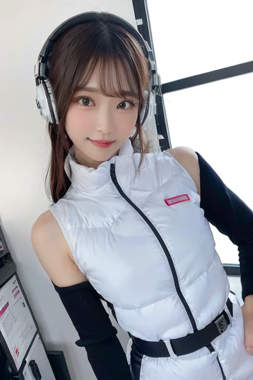 An innocent 20-year-old girl、((White tank top, Dramatic Pose)),smile,BREAK (Spacecraft control room background):2,、BREAK RAW Photos, (8k、highest quality、masterpiece:1.2)、(Intricate details:1.4)、(Photorealistic:1.4)、Octane Rendering、Complex 3D rendering with ultra-detail, Studio Soft Light, Rim Light, Vivid details, Super Detail, Realistic skin texture, Detailed aspect, Beautiful details in the eyes, Highly detailed CG Unity 16k wallpaper, compensate, (Detailed Background:1.2), Glowing Skin, whole body、(astrovest):2,(black long sleeves):5,headphone,smartwatch,((Standing with hands behind back、Leaning forward、Angle from above))