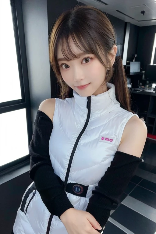 An innocent 20-year-old girl、((White tank top, Dramatic Pose)),smile,BREAK (Spacecraft control room background):2,、BREAK RAW Photos, (8k、highest quality、masterpiece:1.2)、(Intricate details:1.4)、(Photorealistic:1.4)、Octane Rendering、Complex 3D rendering with ultra-detail, Studio Soft Light, Rim Light, Vivid details, Super Detail, Realistic skin texture, Detailed aspect, Beautiful details in the eyes, Highly detailed CG Unity 16k wallpaper, compensate, (Detailed Background:1.2), Glowing Skin, whole body、(astrovest):2,(black long sleeves):5,headphone,smartwatch,((Standing with hands behind back、Leaning forward、Angle from above))