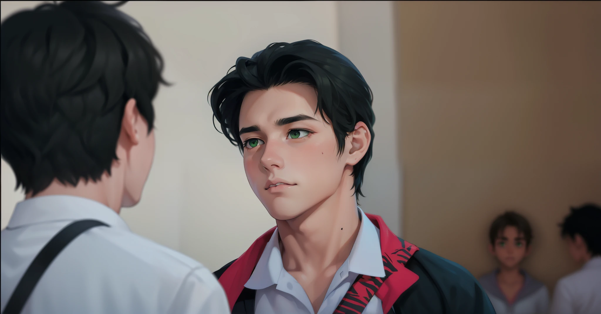 17 years old, they are in school, their hair is dark brown, their green eyes are sad.