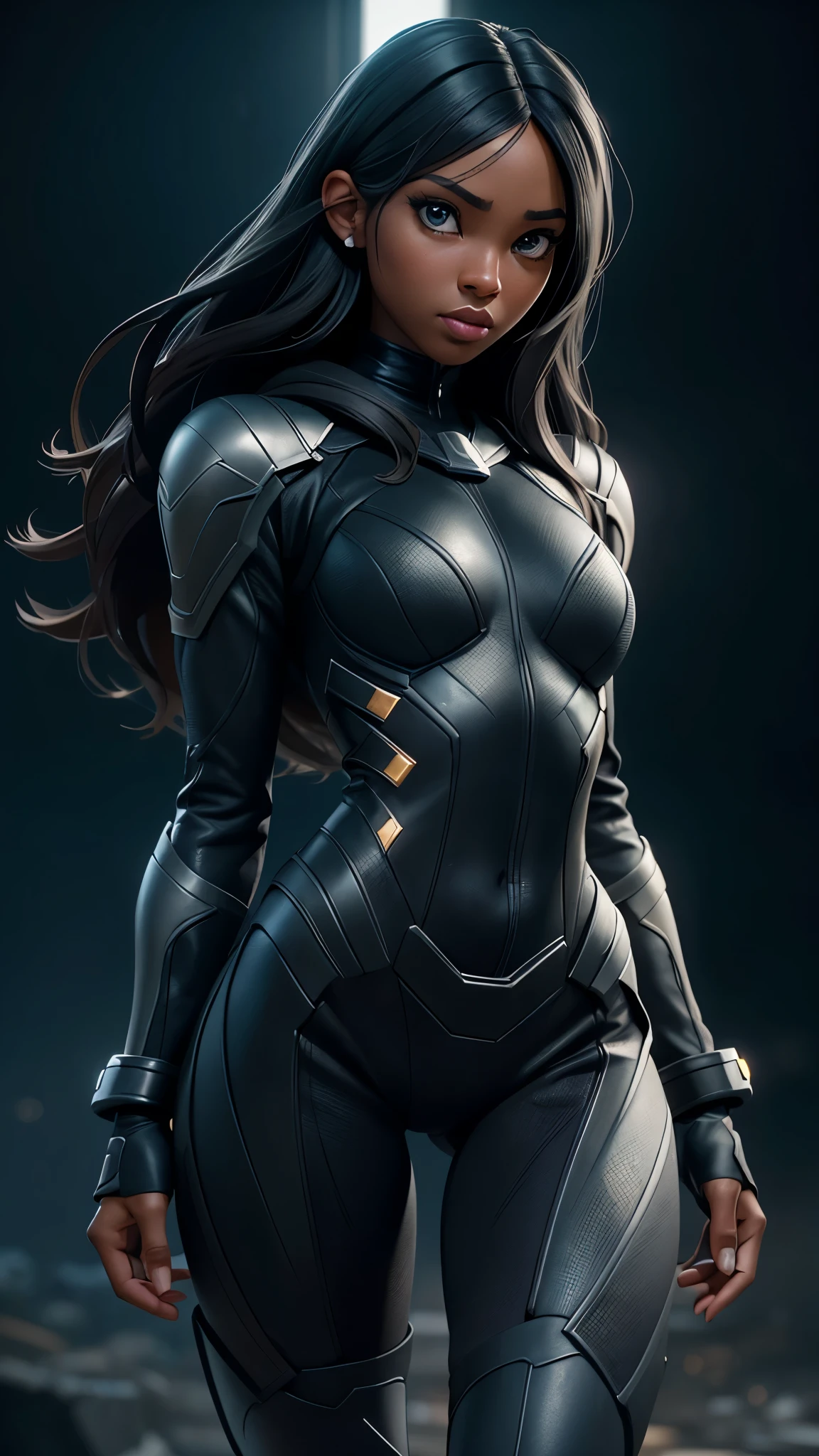 Girl 25 years old, beautiful as super black girl 8k, high definition, Detailed face, Detailed face, Detailed eyes, detailed suit, In the style of Marvel and DC, hyper-realistic, + cinematic shot + dynamic composition, incredibly detailed, sharpen, Details + Superb details + Night Light + perfectionism + award-winning realism ((Moody Lighting))