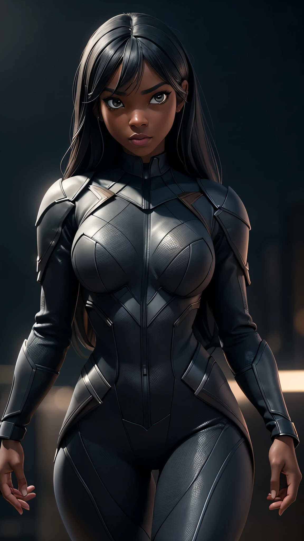 Girl 25 years old, beautiful as super black girl 8k, high definition, Detailed face, Detailed face, Detailed eyes, detailed suit, In the style of Marvel and DC, hyper-realistic, + cinematic shot + dynamic composition, incredibly detailed, sharpen, Details + Superb details + Night Light + perfectionism + award-winning realism ((Moody Lighting))