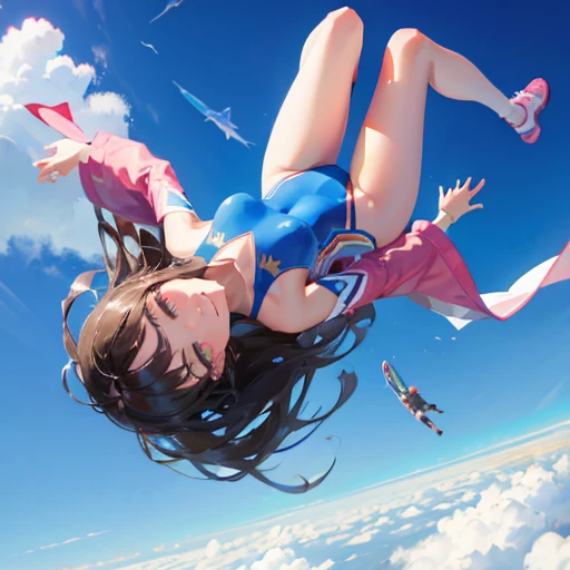 floating in the air, midair, upside-down, skydiving, 1 meter high, outdoors, smile politely, long hair, revealing leotard, young girl