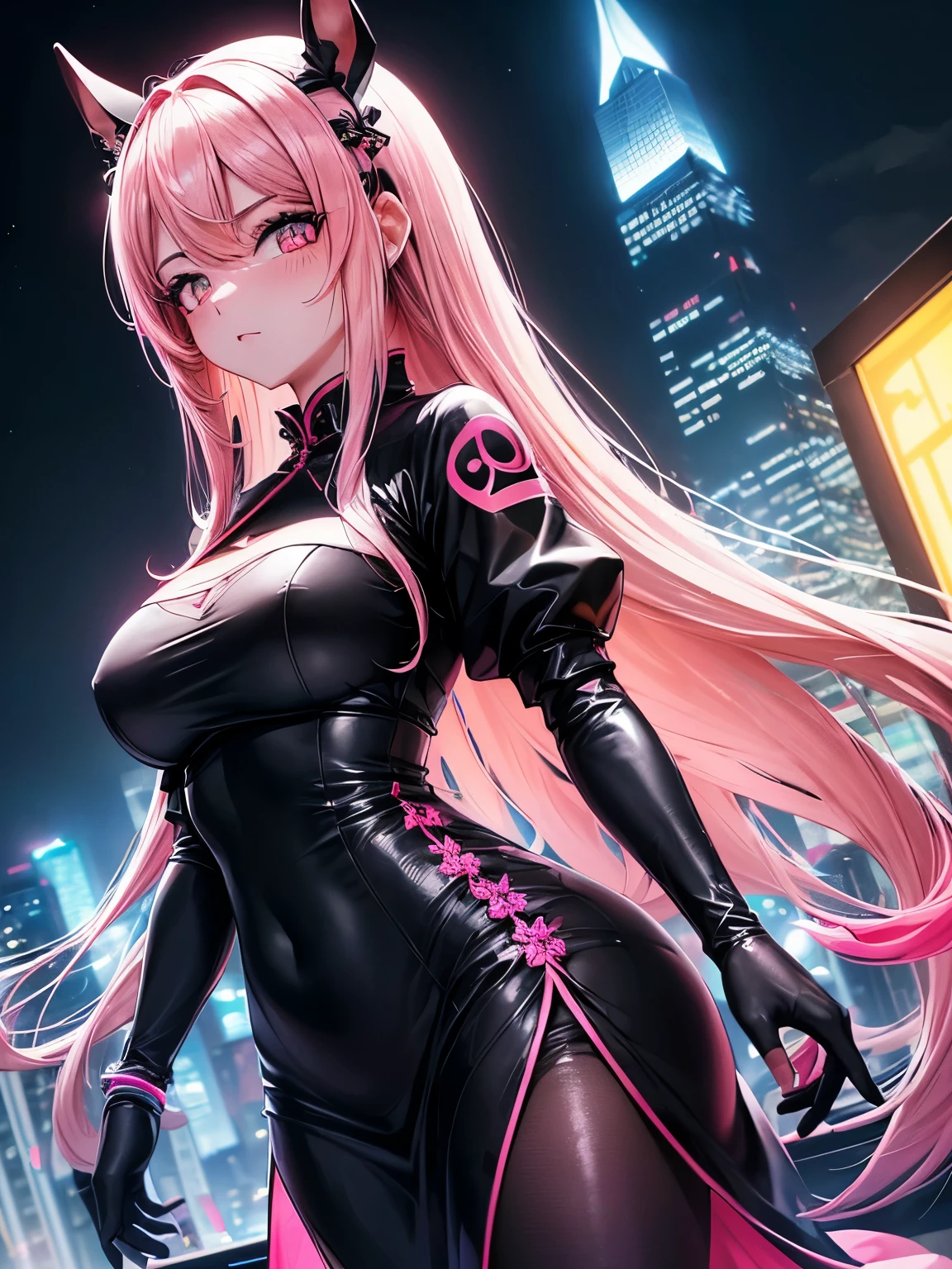 anime, (obra de arte, melhor qualidade, ultra-detalhado, Alto contraste), 1 mulher (sozinho, corpo todo, corpo plus size, standing on the edge of the skyscraper, cabelo prateado, LONGO em um rabo de cavalo, olhos vermelhos, olhos perfeitos brilhos de rubi, (qipao preto simples, black cybernetics with neon pink), Meias pretas transparentes), (skyscraper roof, com vista para uma cidade, fundo detalhado ((Night time, darkness, low light pollution)))