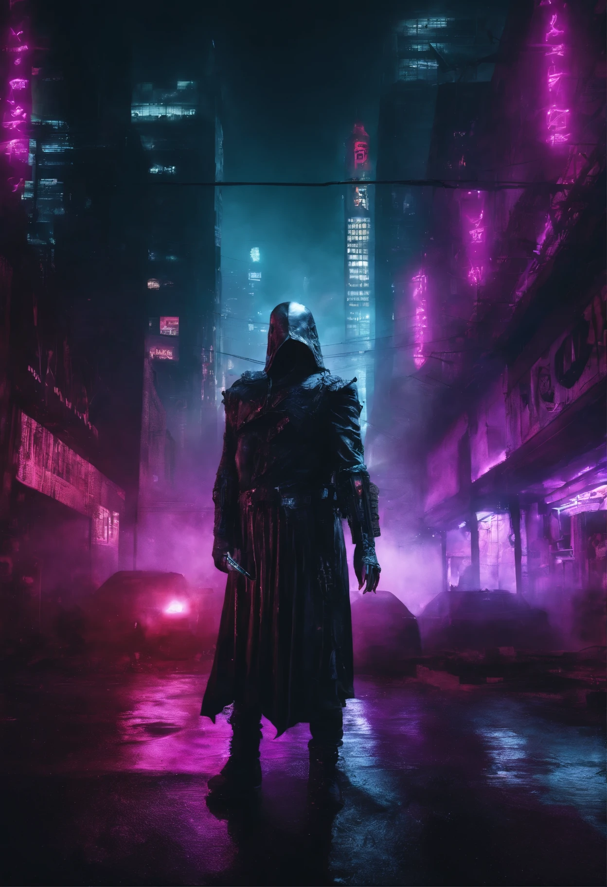 (extremely detailed 8k wallpaper), a medium shot photo of cyberpunk scary Grim dressed as a cybernetic Templer well illustrated shadow in an armour made of colourful fog from marvel, cyberpunk theme, intricate, high detail, dramatic, neon city lights in the background