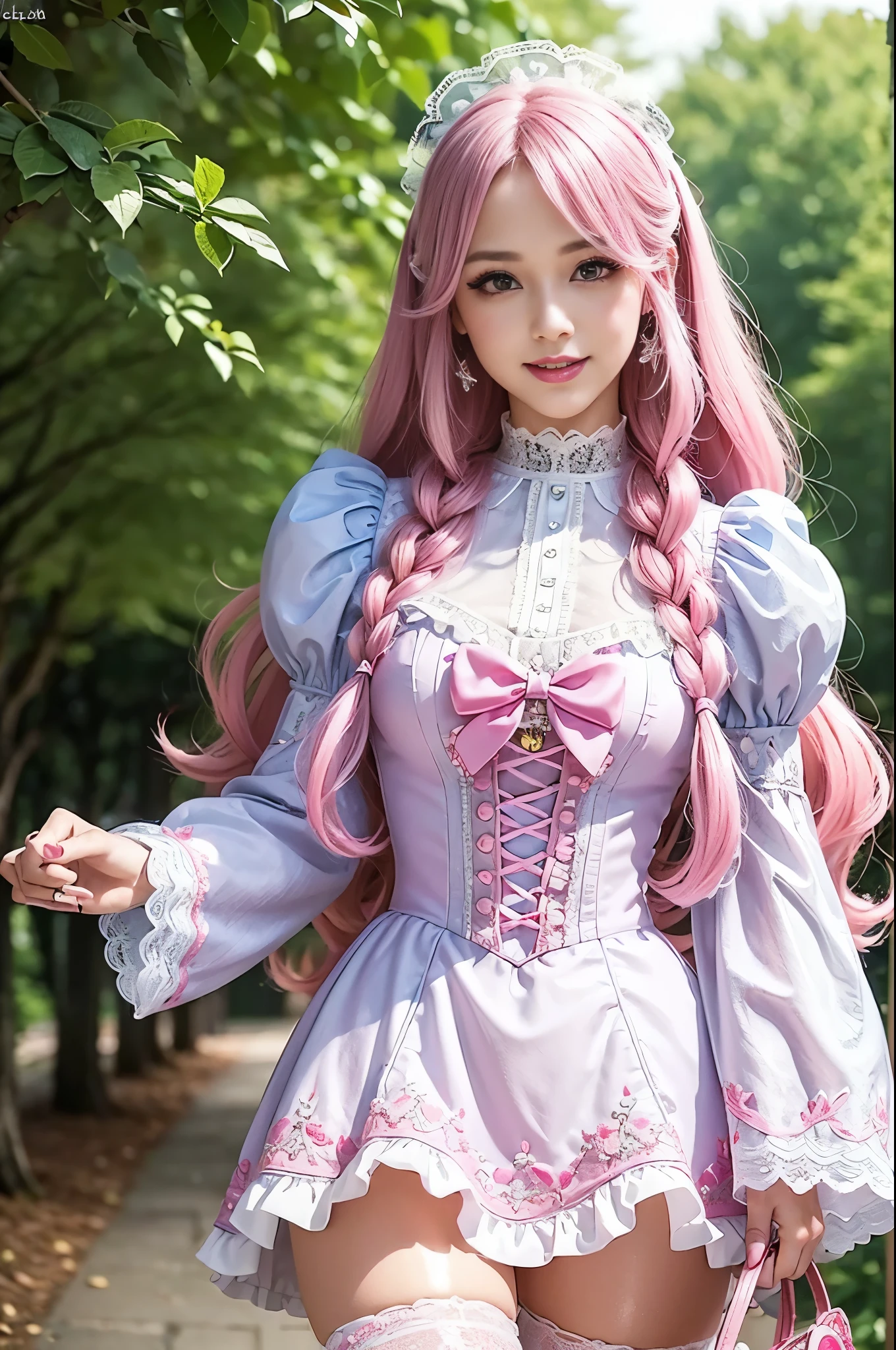 sexy stylish Swedish model, only 1 female, ((doll-like appearance)), long neon pink stylish hair, ((shiny Victorian-Style boots)), (big smile), ultra detailed eyes, very detailed eye makeup, lipgloss, long lashes, defined eyebrows, ((sexy Sweet Lolita cosplay)), bell-shaped skirt, petticoats, high neckline, puffed sleeves, ((ultra detailed lace)), ((ultra detailed embroidery)), intricate details, animals, fairy tales, heart-shaped bag, Sweet Lolita accessoires, large bow, Sweet Lolita choker, ((large sparkling Sweet Lolita jewelry)), cinematic light, detailed large park background with trees 