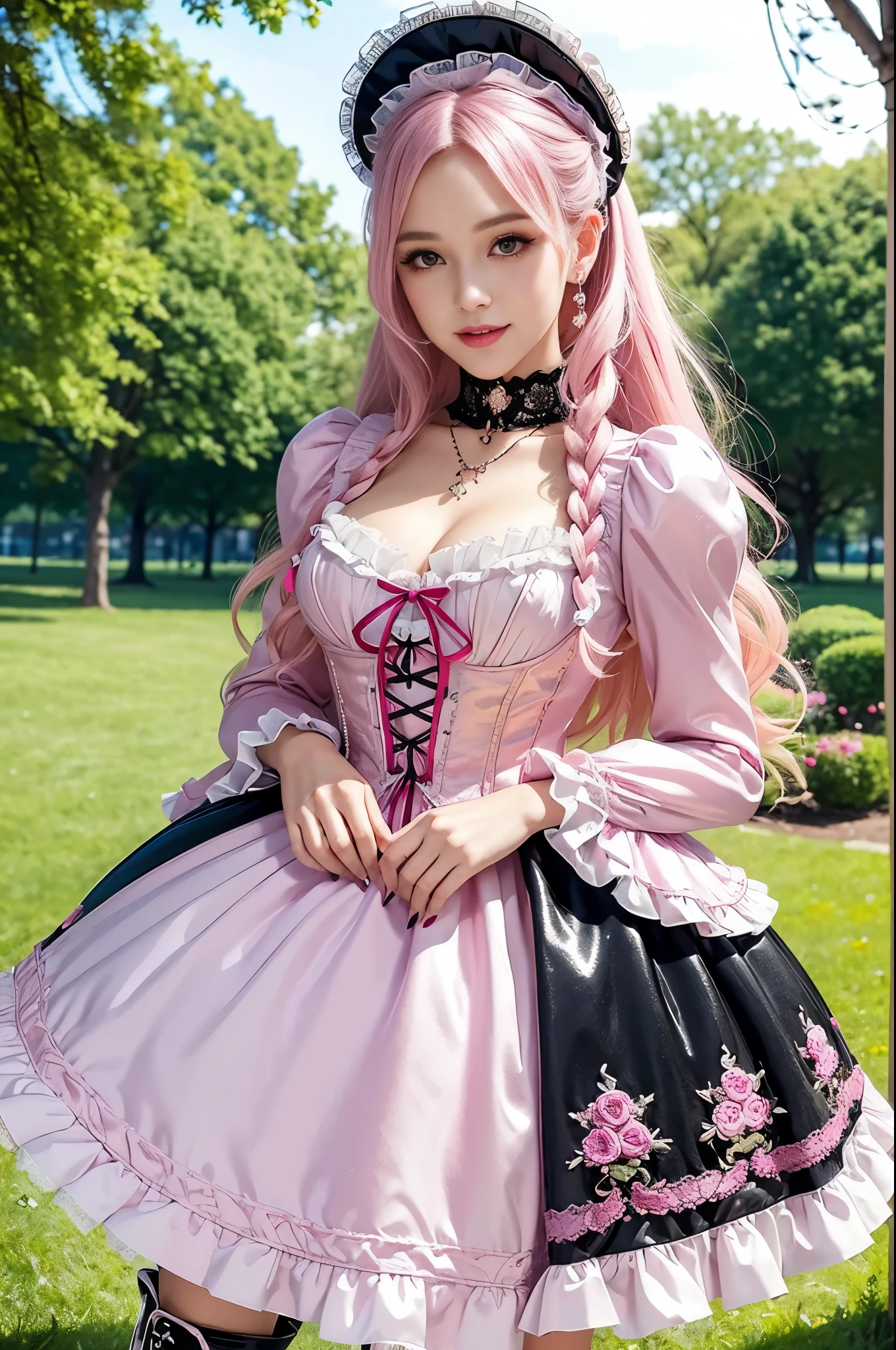 sexy stylish Swedish model, only 1 female, ((doll-like appearance)), long neon pink stylish hair, ((shiny Victorian-Style boots)), (big smile), ultra detailed eyes, very detailed eye makeup, lipgloss, long lashes, defined eyebrows, ((sexy Sweet Lolita cosplay)), bell-shaped skirt, petticoats, high neckline, puffed sleeves, ((ultra detailed lace)), ((ultra detailed embroidery)), intricate details, animals, fairy tales, heart-shaped bag, Sweet Lolita accessoires, large bow, Sweet Lolita choker, ((large sparkling Sweet Lolita jewelry)), cinematic light, detailed large park background with trees 