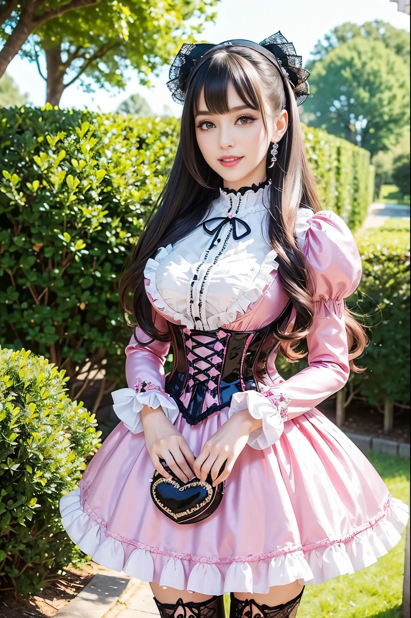 sexy stylish Swedish model, only 1 female, ((doll-like appearance)), long neon pink stylish hair, ((shiny Victorian-Style boots)), (big smile), ultra detailed eyes, very detailed eye makeup, lipgloss, long lashes, defined eyebrows, ((sexy Sweet ta cosplay)), bell-shaped skirt, petticoats, high neckline, puffed sleeves, ((ultra detailed lace)), ((ultra detailed embroidery)), intricate details, animals, fairy tales, heart-shaped bag, Sweet Loliccessoires, large bow, Sweet Lolita cr, ((large sparkling Sweet Lolita jewel, cinematic light, detailed large park background with trees 