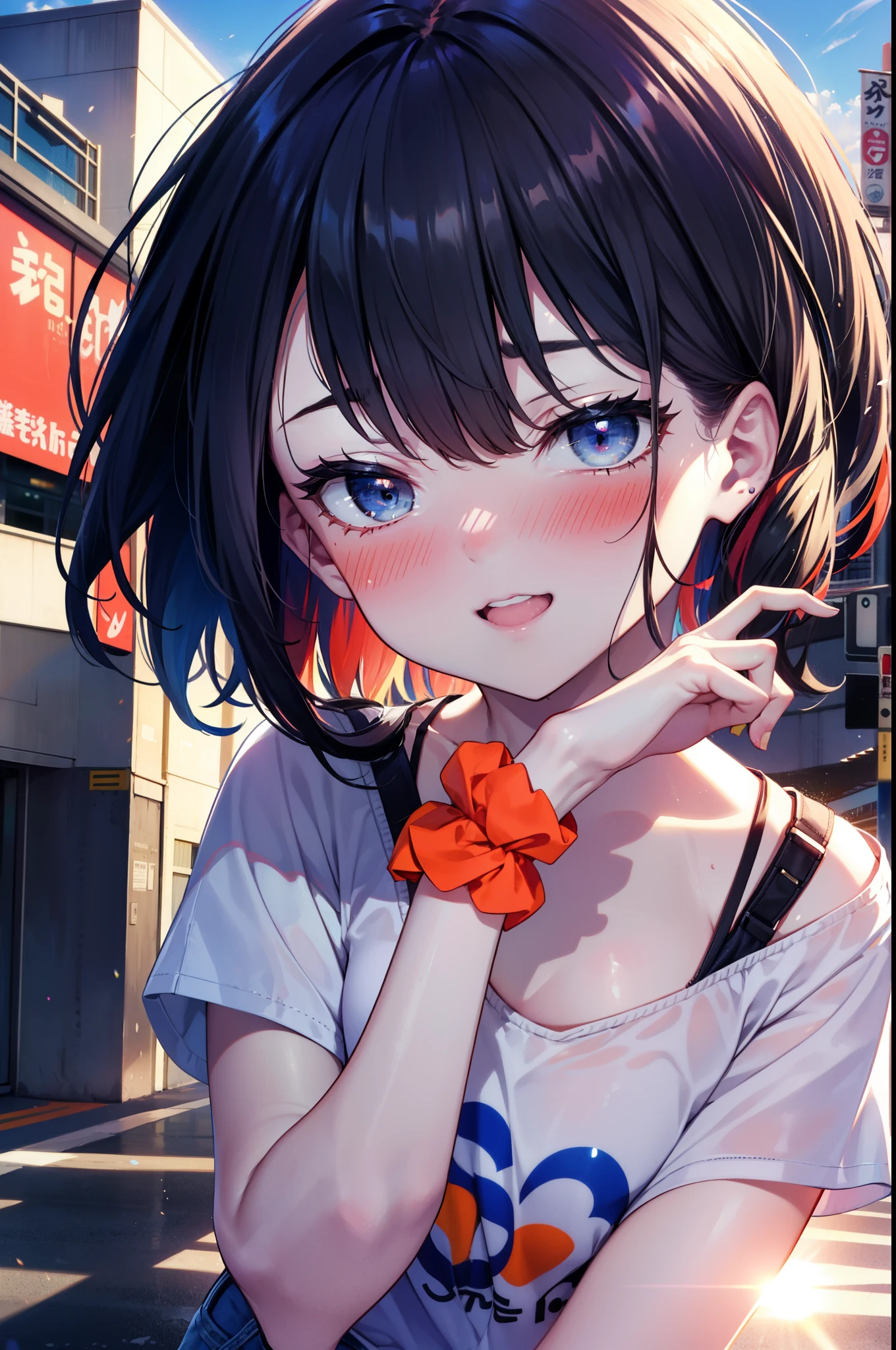 Rikka body, rikka takarada, Black Hair, blue eyes, Long Hair, orange Scrunchie, Scrunchie, wrist Scrunchie,happy smile, smile, Open your mouth,blush,hair band,Cord Off Shoulder Top,Short sleeve,Skinny denim pants,High Top Sneakers,morning,morning陽,The sun is rising,whole bodyがイラストに入るように,walk,
break looking at viewer, whole body,
break outdoors, city,construction area,
break (masterpiece:1.2), highest quality, High resolution, unity 8k wallpaper, (shape:0.8), (Beautiful details:1.6), Highly detailed face, Perfect lighting, Extremely detailed CG, (Perfect hands, Perfect Anatomy),