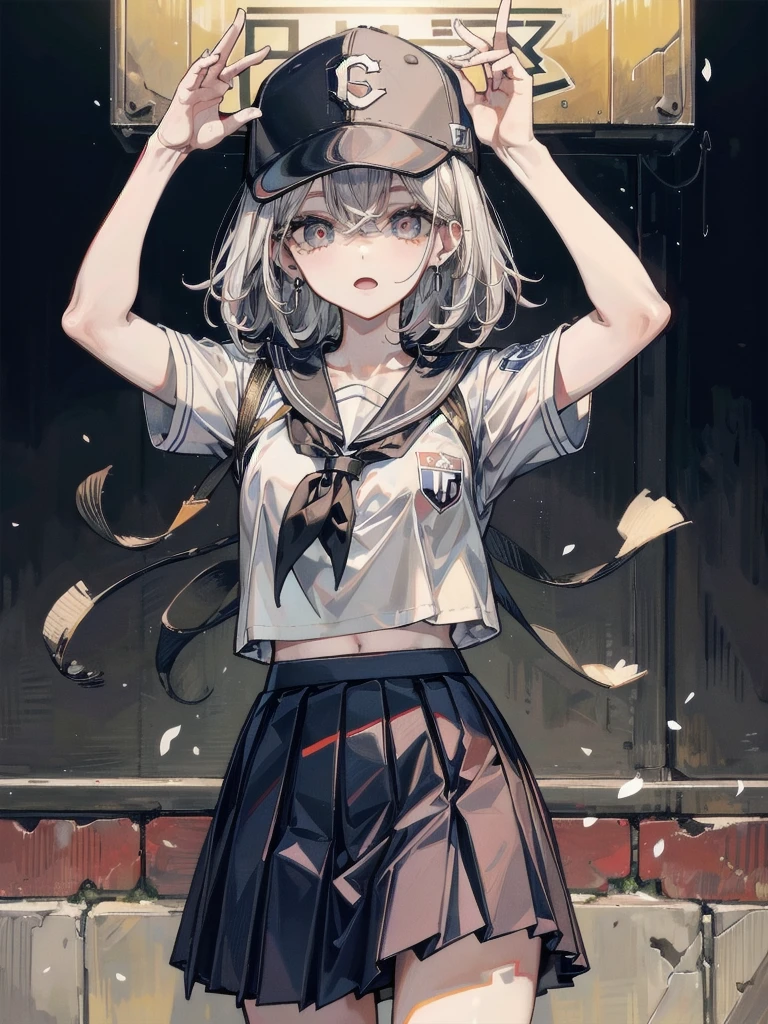 whole body, baseball cap, school sailor uniform, pleated skirt, baseball field, absurdres, RAW photo, extremely delicate and beautiful, masterpiece, Best Quality, ultra high resolution, 32k, hyperrealistic, ultra-detailed, perfect figure, perfect shape, detailed description, pale skin, 20 years old, detailed beautiful face and eyes, tearful mole, earring, short medium hair, wavy hair,