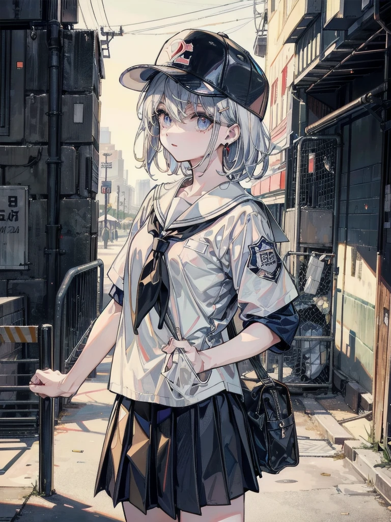 whole body, baseball cap, school sailor uniform, pleated skirt, baseball field, absurdres, RAW photo, extremely delicate and beautiful, masterpiece, Best Quality, ultra high resolution, 32k, hyperrealistic, ultra-detailed, perfect figure, perfect shape, detailed description, pale skin, 20 years old, detailed beautiful face and eyes, tearful mole, earring, short medium hair, wavy hair,
