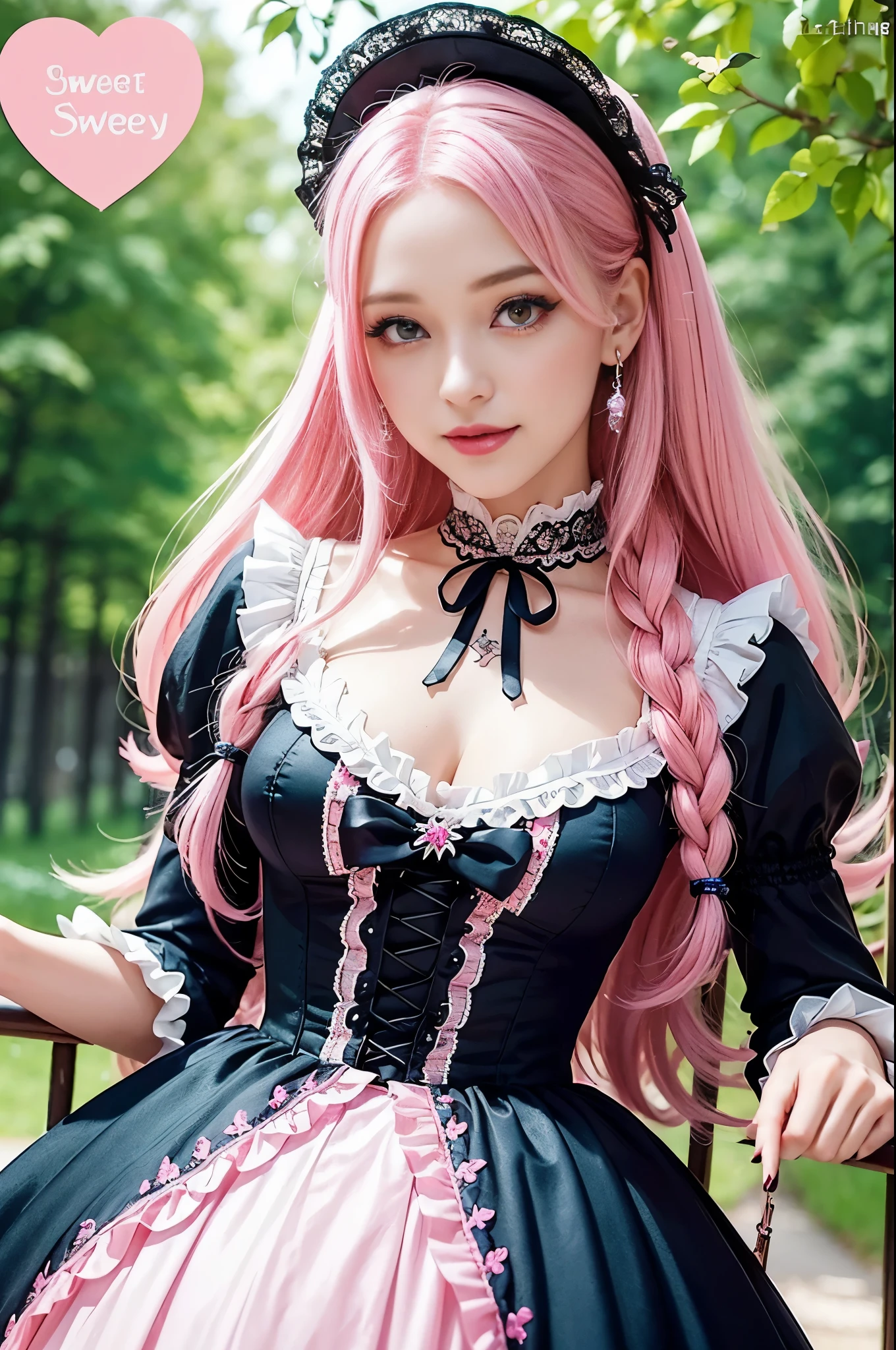 sexy stylish Swedish model, only 1 female, ((doll-like appearance)), long neon pink stylish hair, ((shiny Victorian-Style boots)), (big smile), ultra detailed eyes, very detailed eye makeup, lipgloss, long lashes, defined eyebrows, ((sexy Sweet Lolita cosplay)), bell-shaped skirt, petticoats, high neckline, puffed sleeves, ((ultra detailed lace)), ((ultra detailed embroidery)), intricate details, animals, fairy tales, heart-shaped bag, Sweet Lolita accessoires, large bow, Sweet Lolita choker, ((large sparkling Sweet Lolita jewelry)), cinematic light, detailed large park background with trees 