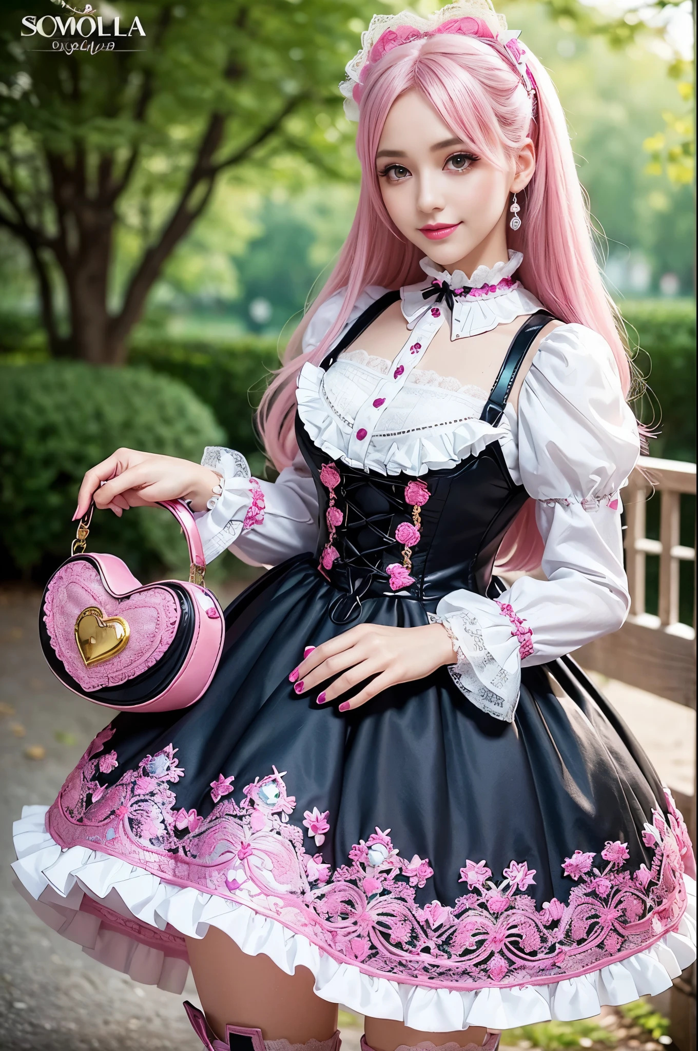 y stylish Spanish model, only 1 female, ((doll-like appearance)), long neon pink stylish hair, ((shiny Victorian-Style boots)), (big smile), ultra detailed eyes, very detailed eye makeup, lipgloss, long lashes, defined eyebrows, ((sexweet Lolitaay)), bell-shaped skirt, petticoats, high neckline, puffed sleev((ultra detailed lace)), ((ultra detailed embroidery)), intricate details, animals, fairy tales, heart-shaped bag, Sweet Lolita accessoirrge bow, Sweet Lolita choker, ((largeling Sweet Lolita jewelry)), cinematic detailed large park background with trees