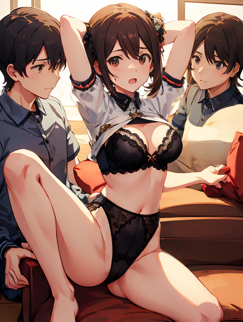 One Girl, Mirai Kasuga, ((Browsing Caution)), Big Breasts, Red bra, (Good lift), Heterosexual, (((gang rape, Two boys))), Nipples, Embarrassing, Open your mouth, blush, Sweat, Sitting on the couch, ((Please stretch your legs and rest.......)), ((Spread your legs)), Grab your knees, vagina, From below,  (Embarrassing:1.1), (blush:1.2), (orgasm:1.2), charm, (shout:1.1), (Move a row:1.1), Sweat, Heavy breathing, Expansion Division, penis, Sex, Sex with men, night,On the sofa, pillow, break, Shiny skin, 最high quality, high quality, Absurd, High resolution, High resolution, Game CG, Highly detailed CG, wonderful, Official Style, Ultra-fine illustrations, In detail, Complex, Complex details, Highly detailed CG unity 8k wallpaper 