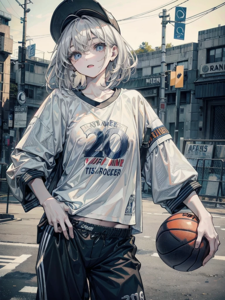 whole body, Basketball shirt, baseball cap, Hot Pants, absurdres, RAW photo, extremely delicate and beautiful, masterpiece, Best Quality, ultra high resolution, 32k, hyperrealistic, ultra-detailed, perfect figure, perfect shape, detailed description, pale skin, 20 years old, detailed beautiful face and eyes, tearful mole, earring, short medium hair, wavy hair,
