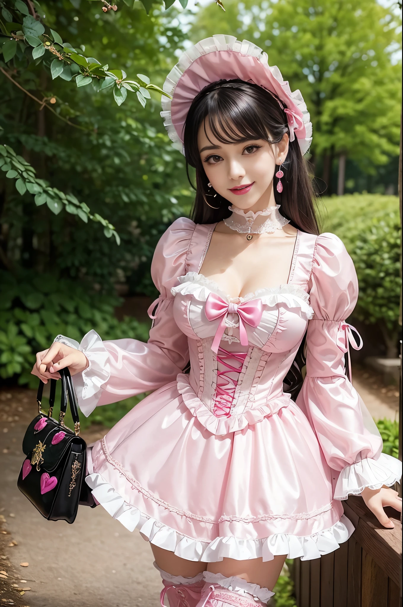 sexy stylish Spanish model, only 1 female, ((doll-like appearance)), long neon pink stylish hair, ((shiny Victorian-Style boots)), (big smile), ultra detailed eyes, very detailed eye makeup, lipgloss, long lashes, defined eyebrows, ((sexy Sweet Lolita cosplay)), bell-shaped skirt, petticoats, high neckline, puffed sleeves, ((ultra detailed lace)), ((ultra detailed embroidery)), intricate details, animals, fairy tales, heart-shaped bag, Sweet Lolita accessoires, large bow, Sweet Lolita choker, ((large sparkling Sweet Lolita jewelry)), cinematic light, detailed large park background with trees