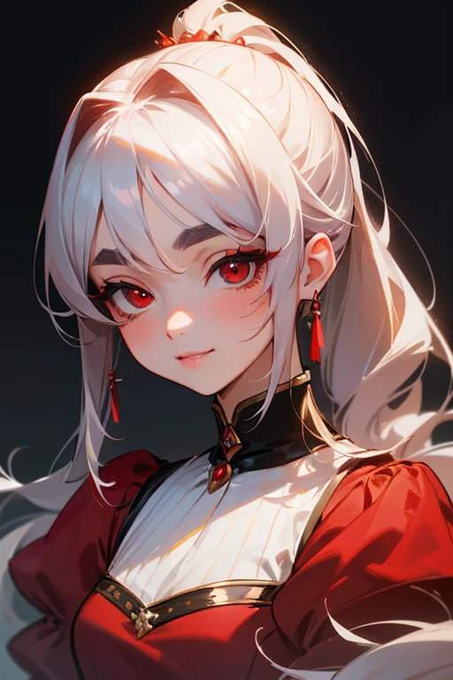 (highest quality, masterpiece:1.2), High resolution, Very detailed, Realistic:1.37, Fantasy, An illustration, Hair is whiteいです、Red eyes、Queen, Red dress.Platinum decoration、beautifully、Eyeshadow Red、Thick eyebrows、Long eyelashes、pupils are black、Hair is whiteい、Kissing Face、Embarrassing、Loved、ponytail、Hair is white、very cute、Shoulder Bare、Gorgeous hair accessories、Side Tail、smile、