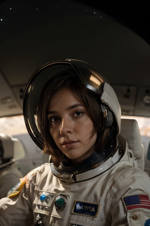 imagem de um astronauta, andando em marte, segurando uma bandeira verde, brown hair, wide eyes, cinematic lighting, backlighting, close-up, panorama, three sided view, depth of field, UHD