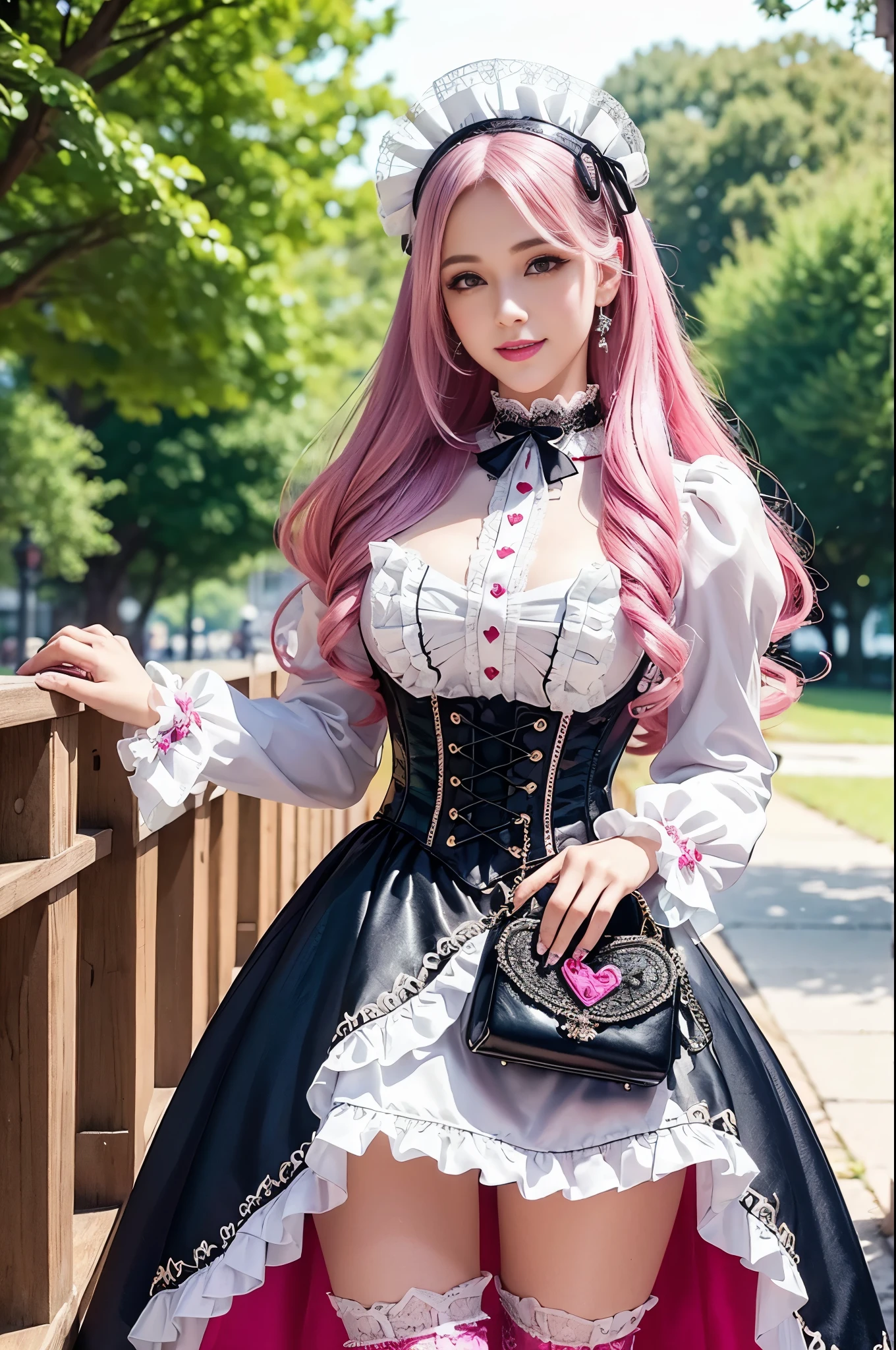 sexy stylish Spanish model, only 1 female, ((doll-like appearance)), long neon pink stylish hair, ((shiny Victorian-Style boots)), (big smile), ultra detailed eyes, very detailed eye makeup, lipgloss, long lashes, defined eyebrows, ((sexy Sweet ta cosplay)), bell-shaped skirt, petticoats, high neckline, puffed sleeves, ((ultra detailed lace)), ((ultra detailed embroidery)), intricate details, animals, fairy tales, heart-shaped bag, Sweet Loliccessoires, large bow, Sweet Lolita cr, ((large sparkling Sweet Lolita jewel, cinematic light, detailed large park background with trees