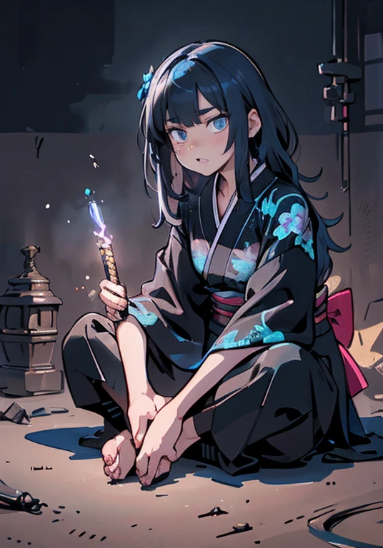 neon light, a beautiful girl wearing intricate detailed black kimono holding an iridescence glowing katana, made of liquid metal, in a fantasy art style, with long dark blue hair, sitting on the ground covered in bioluminescence floral, with a highly detailed face and beautiful eyes in the style of WLOP and Krenz Cushart, Artgerm, j.c leyendecker, Greg Rutkowski, Alphonse Mucha, with a hyper realistic, cinematic lighting